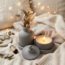 Free And Art Doğal Soya Mum Seti 3’lü El Yapımı Kapaklı Mum, Dekoratif Vazo ve Tabak Minimal, Modern, Ev Dekoru