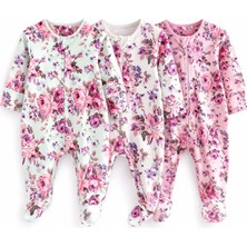 Next Baby Pamuklu Pembe Çok Çiçekli 3'lü Tulum Set