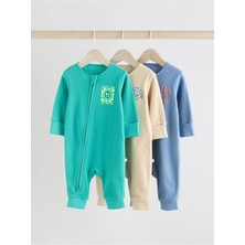 Next Baby Pamuklu Yeşil Mavi Krem Ayaksız 3'lü Tulum Set