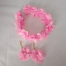 Big Store Toz Pembe Çiçekli Lohusa Taç ve Küpe Seti - El Yapımı Gelin & Fotoğraf Çekimi Aksesuarı