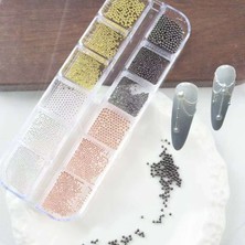 Aba Nails 4 Renk 12LI Tırnak Süsleme Parlak Metal Havyar Taşları 3 Boy Nail Art Boncukları WN-526