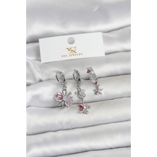 Hatıra Kutusu Pirinç Gümüş Renk Çiçek Model 3'lü Kadın Küpe - Lisinya