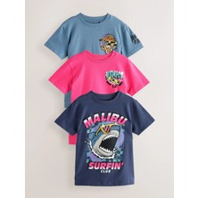 Next Baby Pamuklu Kısa Kollu Mavi/pembe Yaz Hayvanları Desenli 3'lü Thisrt Set