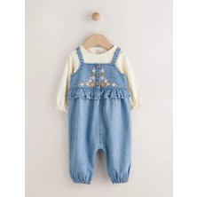Next Baby Pamuklu Mavi Işlemeli Denim Uzun Kollu Salopet Body Zıbın Set