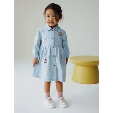 Next Baby Pamuklu Mavi Çizgili Aplikeli Uzun Kollu Denim Elbise