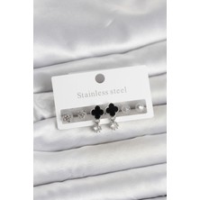 Hatıra Kutusu 316L Çelik Gümüş Renk Yonca Detaylı Kadın Küpe Seti - Lisinya