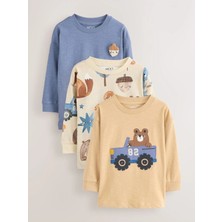 Next Baby Pamuklu Uzun Kollu Blue Woodland Uzun Kollu Applikeli 3'lü Thsirt Set
