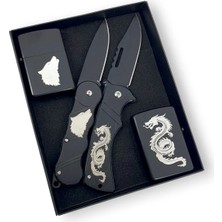 SürLaz 4 Parça Ejder ve Akrep Desenli Çakı ve Çakmak Seti Doğum Günü Hediyesi Koleksiyon Seti