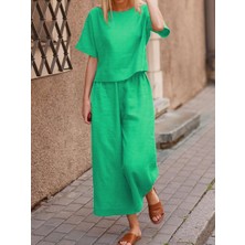 Sacrosa Ikili Takım Günlük Rahat Beli Lastikli Kadın Keten Yeşil Alt Üst