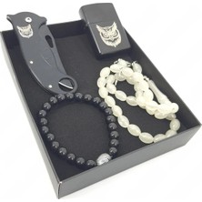 SürLaz Baykuş Figürlü Çakı ve Isme Özel Benzinli Çakmak Tesbih Bilekli 4'lü Hediyelik Set