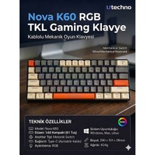 Nova K60 Rgb %60 Mekanik Klavye 61 Tuş Kompakt Gaming Klavye Type-C Kablolu LED Aydınlatmalı Pc Laptop Uyumlu Oyuncu Klavye Utechno
