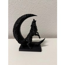 Marchen Collection - Ay Üzerinde Uluyan Kurt Figürü - 3D Tasarım Dekoratif Biblo - Siyah
