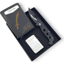 SürLaz 3 Parça Hediye Seti Zülfikar Desenli Çakı Çakmak ve Mekanizmalı Cüzdan Isme Özel Süper Set