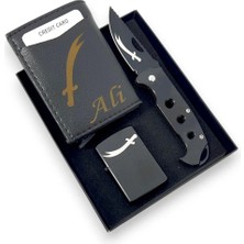 SürLaz 3 Parça Hediye Seti Zülfikar Desenli Çakı Çakmak ve Mekanizmalı Cüzdan Isme Özel Süper Set