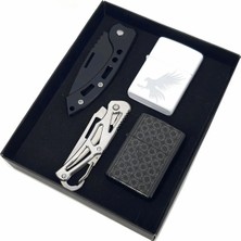 SürLaz Denil Hediyelik Siyah-Gümüş Doğum Günü Hediyesi 2 Çakı Isim Yazılabilir 2 Çakmak