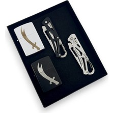 SürLaz Doğum Günü Hediyesi 2 Zülfikar Desenli Isme Özel Çakmak ve 2 Cep Çakısı Özel Kutusunda