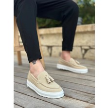 Mirglart BA0154  Bağcıksız Yüksek Taban Keten Krem Renk Püsküllü Erkek Ayakkabı