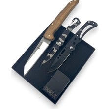 SürLaz 4 Parça Doğum Günü Kamp Seti El Yapımı Isme Özel Çelik Çakı 2 Metal Çakı ve Isme Özel Çakmak