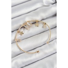 Solenya Pirinç Zirkon Taşlı Kelebek ve Yıldız Model Gold Renk Charm Bileklik