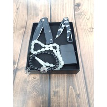 SürLaz 2 Katlanabilir Çelik Çakı Benzinli Çakmak Kedi Gözü Tesbih ve Bileklik Doğum Günü Seti