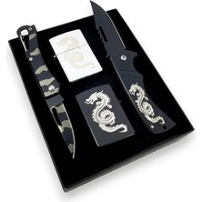 SürLaz Denil Hediyelik Özel Set 4 Parça Doğum Günü Seti Ejder Desenli Çakmak ve Çakı Seti Isim Yazılabilir