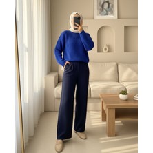Moda Morfo Yuvarlak Yaka Örgü Triko Kazak -Saks