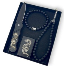 SürLaz 4 Parça Doğum Günü Hediyesi Isme Özel Ejderha Desenli Çakı Çakmak Tespih ve Bileklik Özel Kutusunda