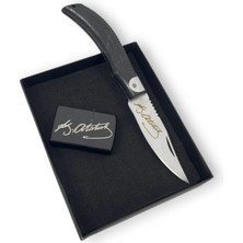 SürLaz Atatürk Imzalı El Dövmesi Çakı ve Atatürk Imzalı Benzinli Çakmak Hediyelik Set Özel Kutusunda