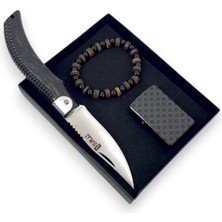 SürLaz 3 Parça Hediye Seti El Yapımı Katlanabilir Çakı Benzinli Çakmak ve Bileklik Özel Kutusunda