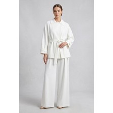 Rosa By Belle Kadın Ekru 2’li Takım Kuşaklı Ceket Bol Paça Pantolon