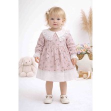 Dantel Yaka Detaylı Çiçek Desenli Müslin Kız Bebek Bayramlık Mevsimlik Elbise