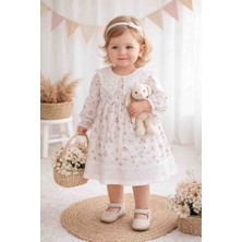 Dantel Yaka Detaylı Çiçek Desenli Müslin Kız Bebek Bayramlık Mevsimlik Elbise