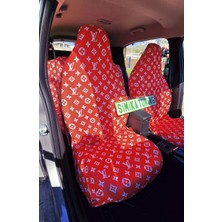 Şimika Lv Desen Xl Kırmızı 3D Baskı Otomobil Servis Kılıfı Ön ve Arka 4parça Takım 1.kalite Likrali Penye Yıkanabilir Her Araca Uyumlu