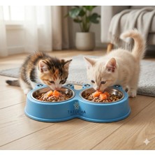 Tatucha Kurbağa Tasarımlı Çift Hazneli Paslanmaz Çelik Kedi ve Küçük Irk Köpek Mama Su Kabı - Mavi