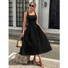 Allsisii Askılı Kare Yakalı Uzun Ithal Krep Elbise