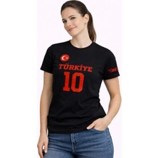 Kadın Türkiye Ay Yıldız Baskılı 10 Numara Forma Tişört Taraftar T-Shirt - Siyah