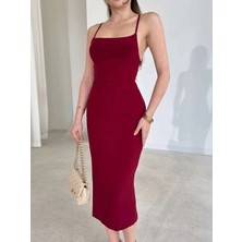 Kadın Ip Askılı Sırt Dekolteli Bağlama Detaylı Yırtmaçlı Midi Elbise - Bordo