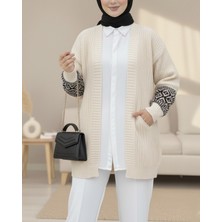 Modamorfo Kolları Desenli Triko Hırka -Krem