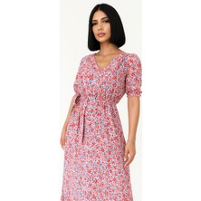 Novis Liora Çiçek Desenli  Yırtmaçlı Elbise - Pembe