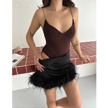 Trend Cojans Derin Dekolte Askılı Body Sırt Dekolteli Şık Kolsuz Yazlık Bodysuit - Kahverengi