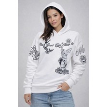 3 Iplik Pamuklu Kapüşonlu Baskılı Sweatshirt Hoodie - Beyaz
