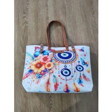 Cadde Dükkanı Nazar Boncuğu Baskılı Su Geçirmez Tokalı Plaj ve Günlük Kullanım Çantası