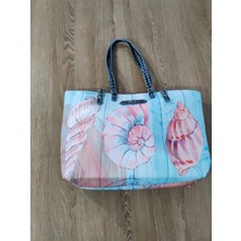 Cadde Dükkanı Istiridye Baskılı Su Geçirmez Tokalı Plaj ve Günlük Kullanım Çantası