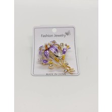 Cadde Dükkanı Mor Çiçekli Taşlı Gold Renk Broş