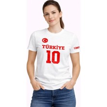 Mzp Kartan Kadın Türkiye Ay Yıldız Baskılı 10 Numara Forma Tişört Taraftar T-Shirt - Beyaz