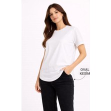 Mzp Kartan Kadın Basic T-Shirt Kısa Kol Bisiklet Yaka Oval Kesim Tişört - Beyaz