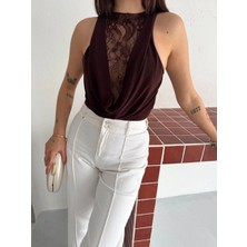 Mzp Kartan Kadın Dantel Detaylı Derin Dekolte Body Şık Kolsuz Yazlık Bodysuit - Kahvrenegi