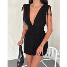 Bi Baksana Derin V Yaka Etek Görünümlü Şortlu Elbise Drapeli Mini Yazlık - Siyah