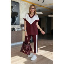 Meğdaix Kadın Kısa Kollu V Yakalı Çift Renkli Viskon Iki Iplik Ikili Bluz ve Pantolon Takım