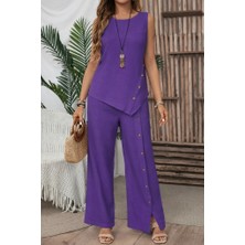 Sun & North Sun&north Kadın Askılı Yuvarlak Yakalı Önü Asimetrik Detaylı Düğmeli Aerobin Bluz ve Pantolon Ikili Takım